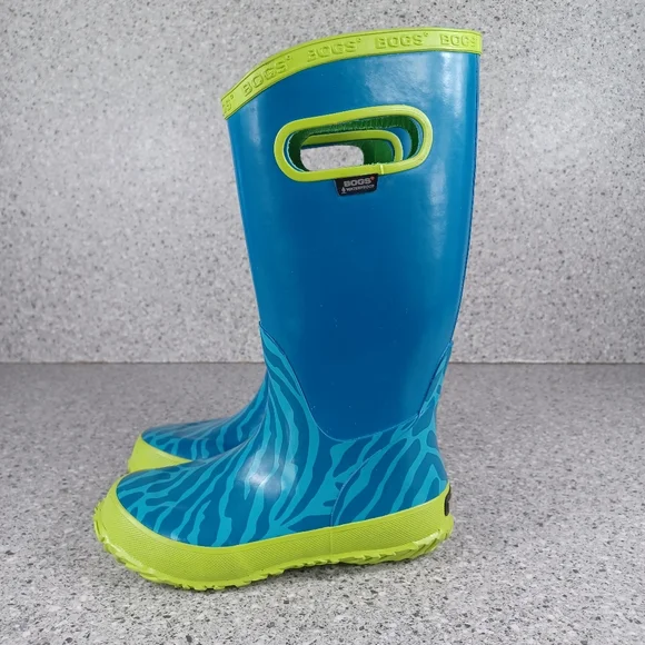 BOGS Blue Green Zebra Tall Rainboot Kids Waterproof Shoes Size 12 - Picture 3 of 7